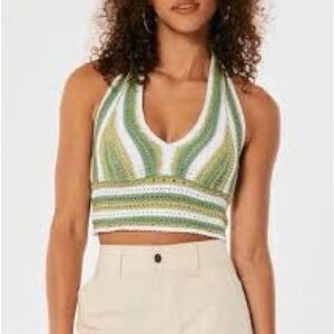 Hollister Green and White Crochet Halter Top Size XS NWT